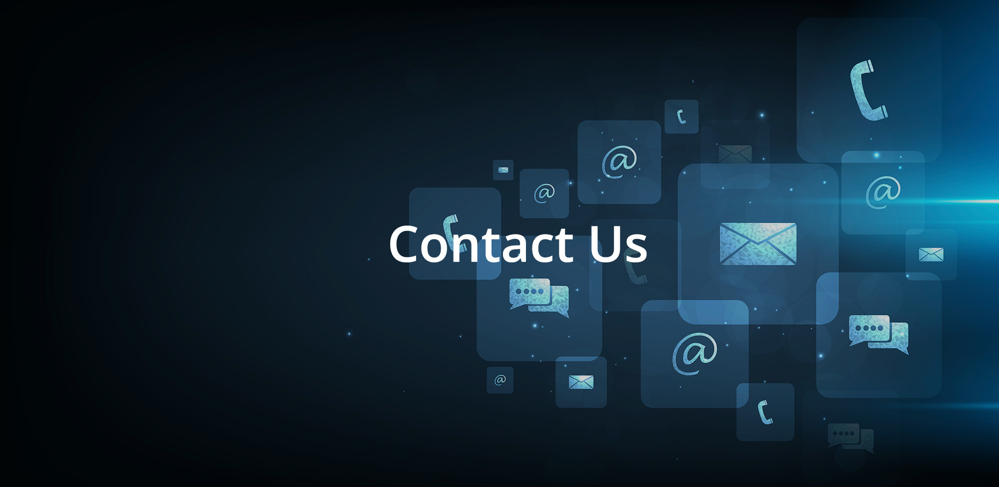 a vector image of varying communication symbols in various shades of blue with overlaid text saying, 'Contact Us'